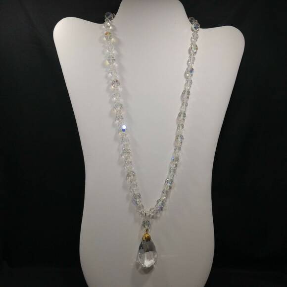 AB Crystal Beaded Necklace, Aurora Borealis 22" Clear Crystal Teardrop Pendant - Picture 7 of 10